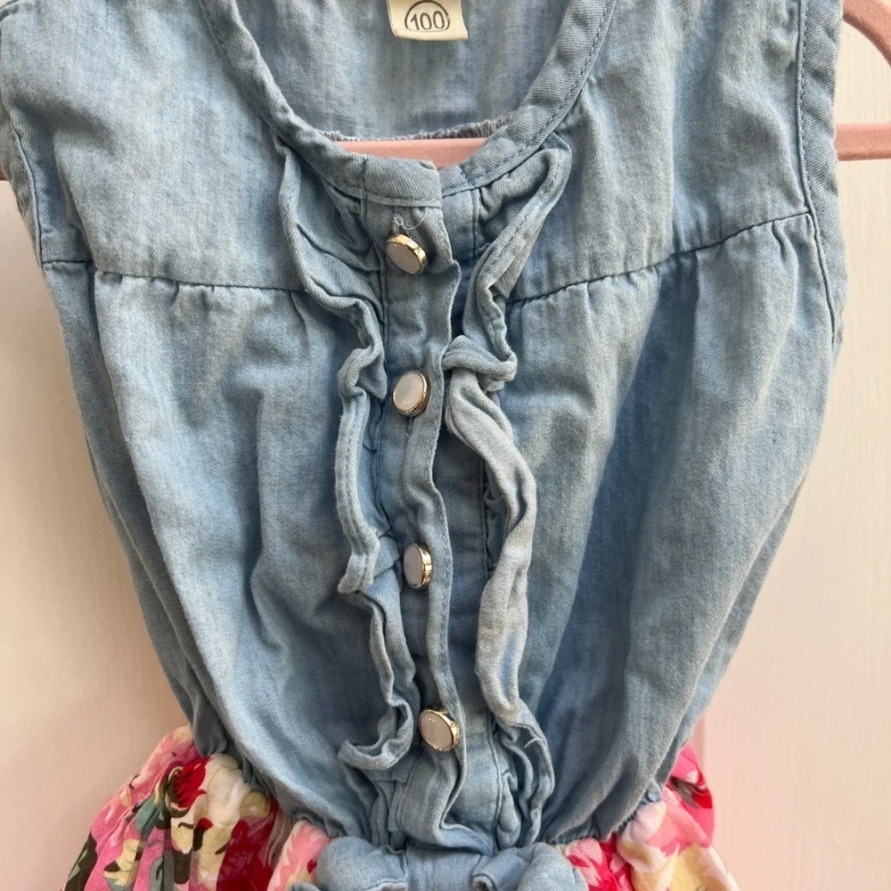 2T Blue and Pink Floral Tie Front Girls Sleeveless Dress